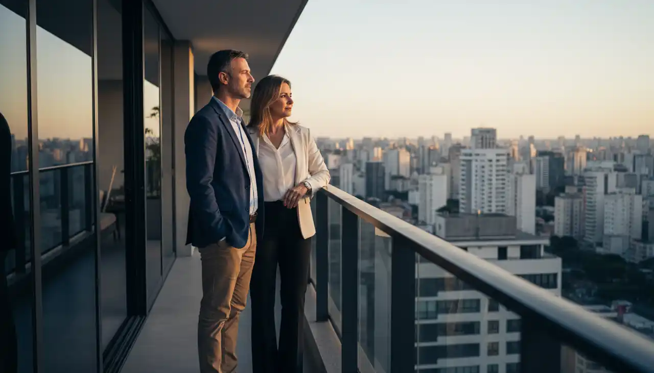 Casal em um terraço de apartamento com vista para São Paulo ao fim da tarde
